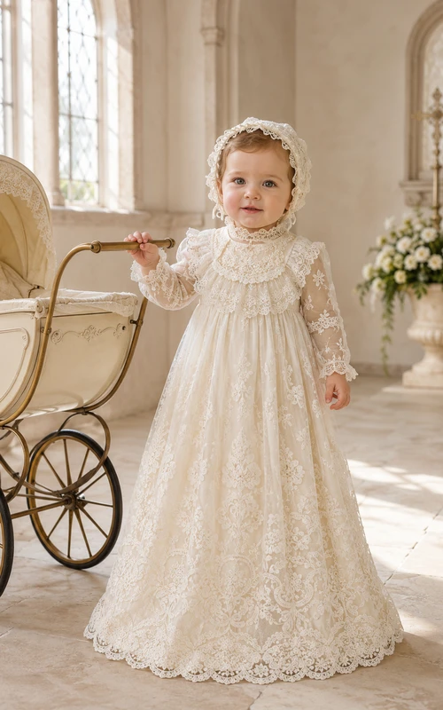 Vestido de bautizo modesto de estilo clásico, corte en A, largo hasta el suelo, cuello alto, manga larga, tul, encaje y botones en la espalda.