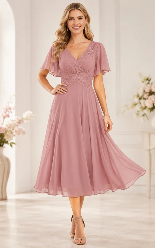 Vestido de maternidad de gasa fruncida con escote en V, mangas con pétalos y cintura natural, corte en A y largo hasta la rodilla, color rosa empolvado.