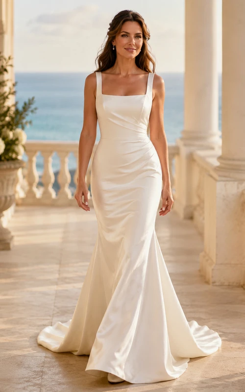 Vestido de novia moderno de satén con escote cuadrado, corte recto, sin mangas y cola larga.