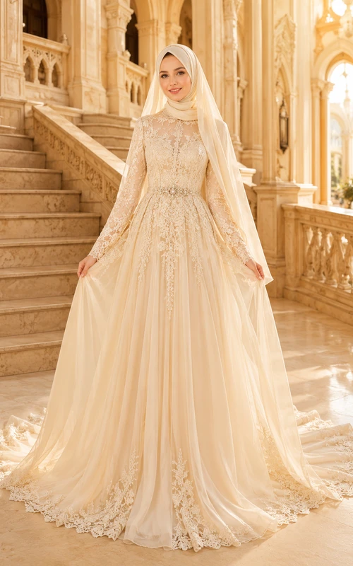 Modest Muslim Champagne Palace Lace Bridal Ball Gown