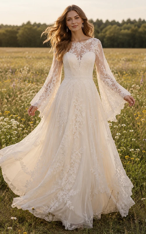 Boho Illusion Bateau Long Bell Sleeve Lace Tulle A-Line Wedding Dress