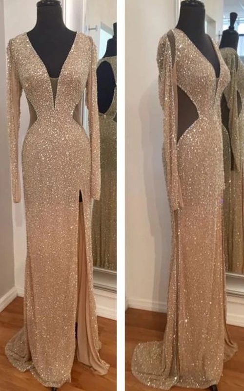 Vestido de noche brillante de manga larga con lentejuelas y abertura frontal para fiestas