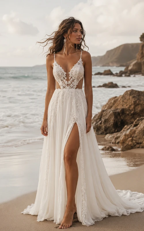 Vestido de novia bohemio y sexy para la playa con tirantes finos, corpiño de encaje transparente, abertura alta y falda de gasa suave.