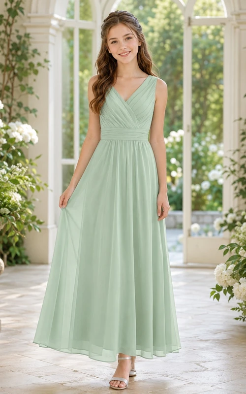 Vestido de dama de honor juvenil color celadón, corte en A, largo hasta la rodilla, escote en V, sin mangas, gasa, elegante y formal.