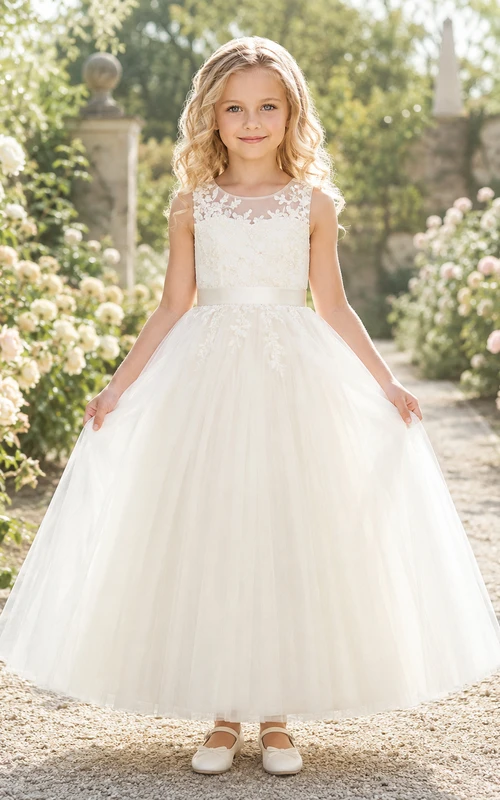 Flower Girl Dress Ivory Lace Tulle A-Line Jewel Neck Tea Length Bow Back