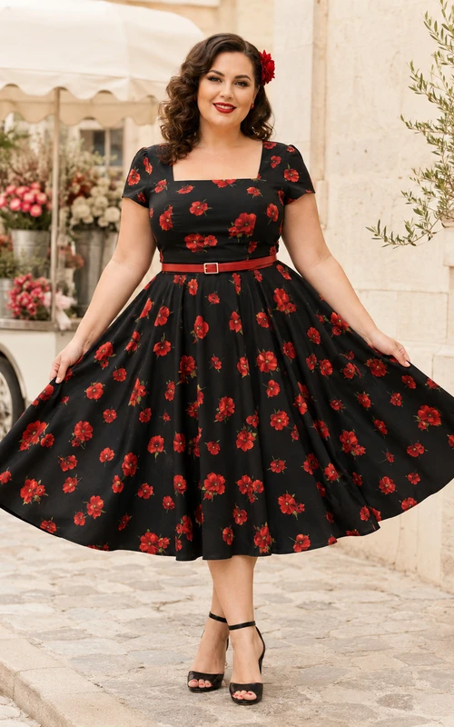 Robe de bal longue à fleurs noires et rouges, grande taille, col carré, manches courtes, style vintage.