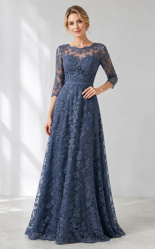 Dark Navy Lace Jewel Neck Three-quarter Sleeve Floor-length A-Line Evening Dress