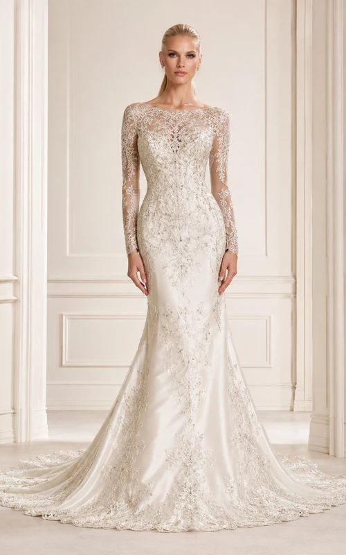 Robe de mariée romantique en dentelle, style sirène, longue illusion, ornée d'appliques chapelle et d'élégantes appliques dans le dos boutonné.