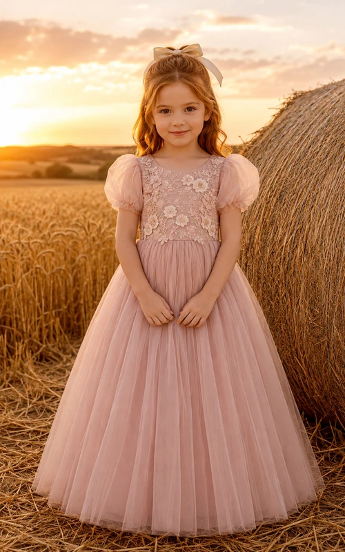 Blumenmädchenkleid aus perlmuttrosa Tüll, A-Linie, Puffärmel, Rundhalsausschnitt, bodenlang