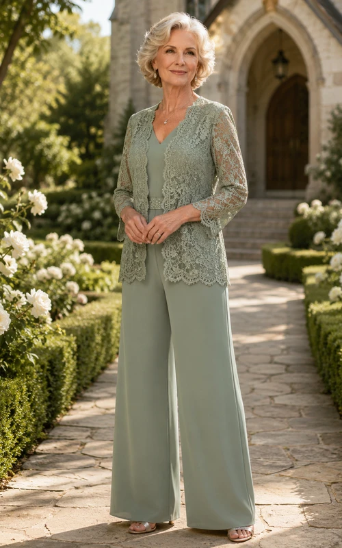 Conjunto de pantalón y chaqueta largos de encaje, top escotado y pantalón de pierna ancha de Sage Mother.