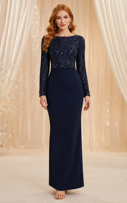 Dark Navy Sequin Jewel Long Sleeve Floor-length Sheath Elegant Winter Dress