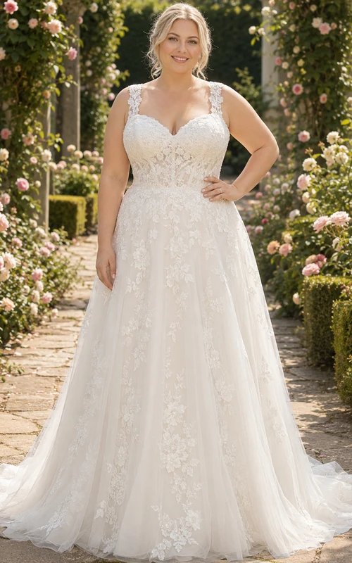 Brautkleid in A-Linie mit Spitze in Übergröße, V-Ausschnitt