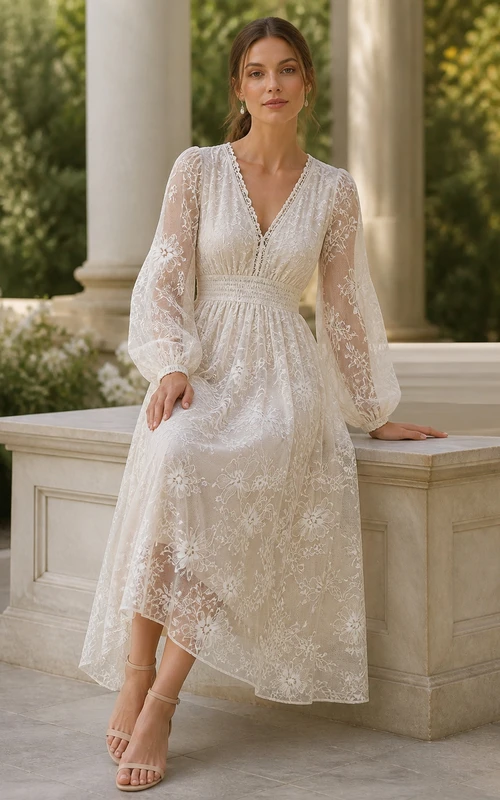 Boho-Stil, schlichtes, teelanges Brautkleid mit V-Ausschnitt und langen Ärmeln aus Spitze