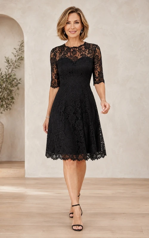 Black Elegant Square Lace Three-Quarter-Sleeve A-Line Knee-Length Formal Dress