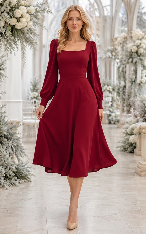 Vestido midi de gasa rojo con cuello cuadrado y mangas estilo poeta para invitadas
