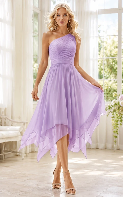 Einseitig schulterfreies, lavendelfarbenes Chiffon-Cocktailkleid mit asymmetrischem Saum