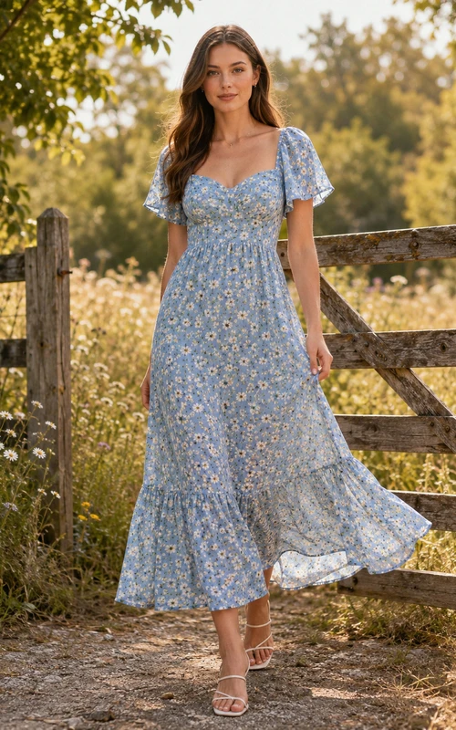 Blue Puff Sleeve Meadow Floral A Line Midi Dress