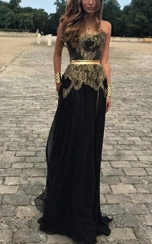 Vestido de noche largo negro con apliques dorados y escote corazón, muy sexy, ¡en oferta!