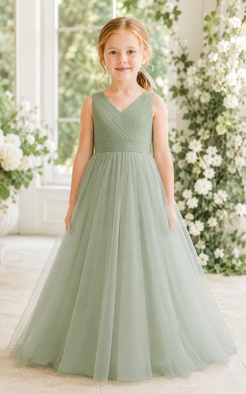 Sage V-Neck Tulle A-Line Flower Girl Dress with Floor-Length Skirt and Pleated Skirt