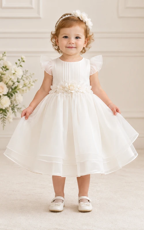 Flutter Sleeve Baptism Dress A-Line Organza Tulle Jewel Neck Bow Waist