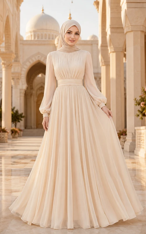 Vestido de novia musulmán modesto de gasa plisada de corte A con cuello alto