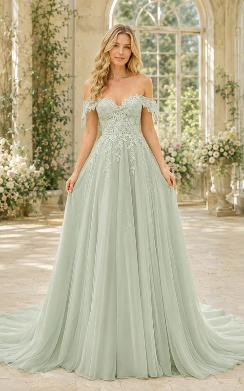 Vestido de novia formal elegante y romántico estilo boho con hombros descubiertos y corte en A.