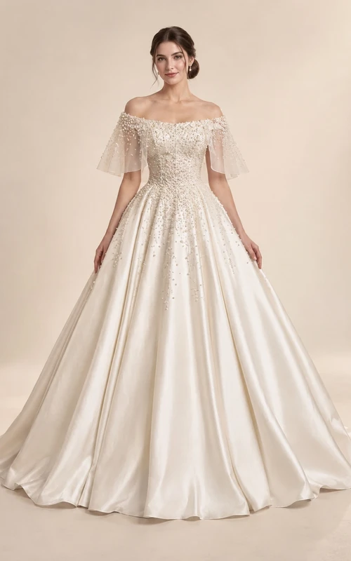 schulterfreies, perlenbesticktes Satin-Ballkleid mit Kapellenschleppe – ein luxuriöses Brautkleid