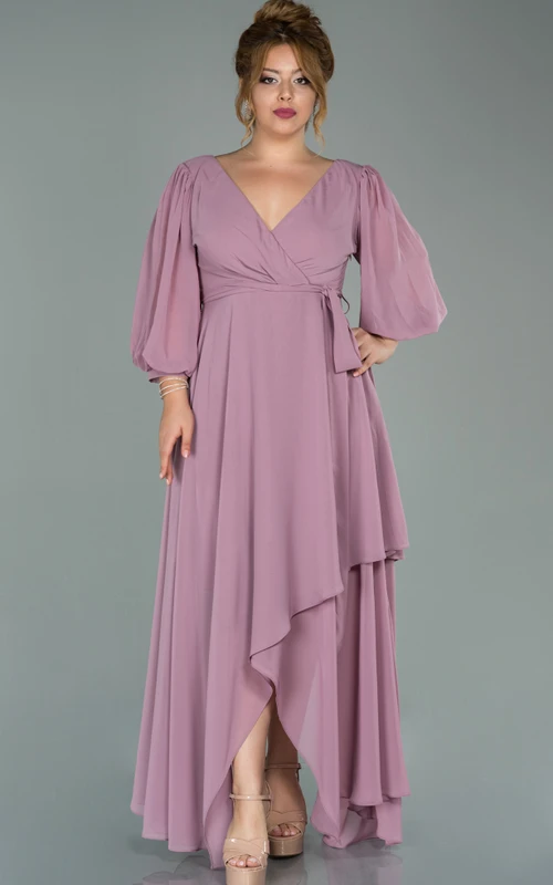Glamuroso vestido de fiesta de talla grande con escote en V y corte en A, con fajín.