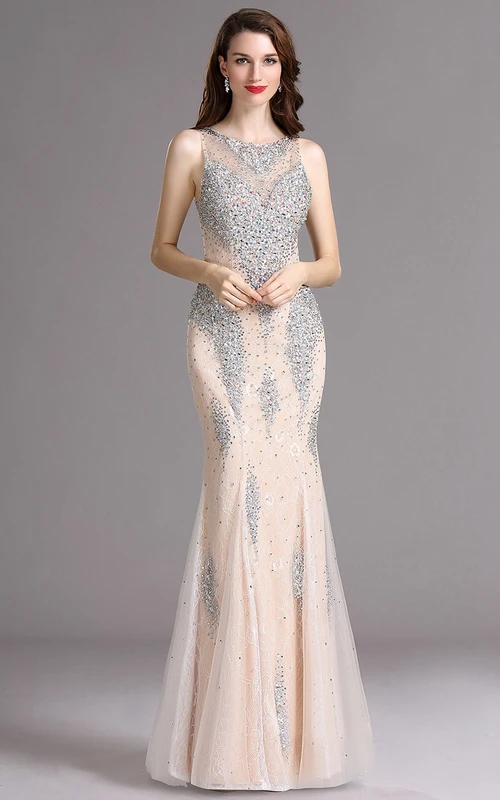 Robe fourreau sans manches en tulle et perles, style bateau, illusion
