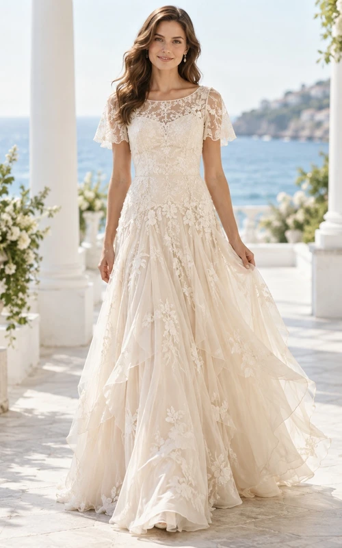 Vestido de novia de encaje floral con capas, mangas cortas y escote ilusión, con cintura baja.