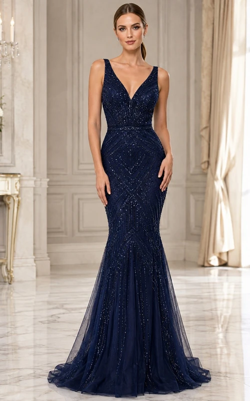 Dark Navy Beaded V-Neck Lace Mermaid Sweep Train Gown
