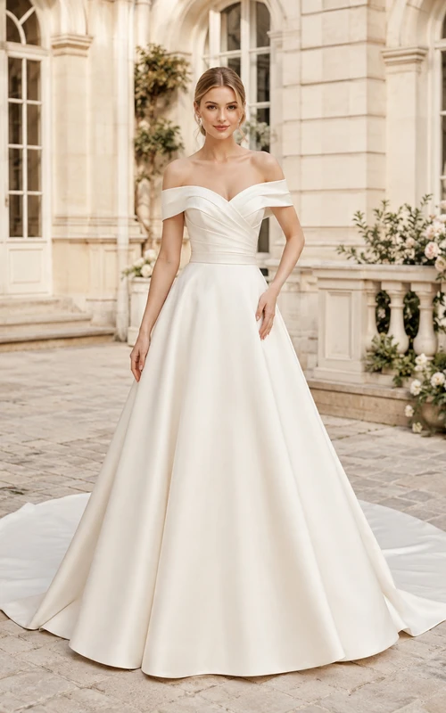 Robe de mariée élégante en satin, bustier cœur, coupe trapèze, style chapelle, pour une cérémonie en cour de cour.