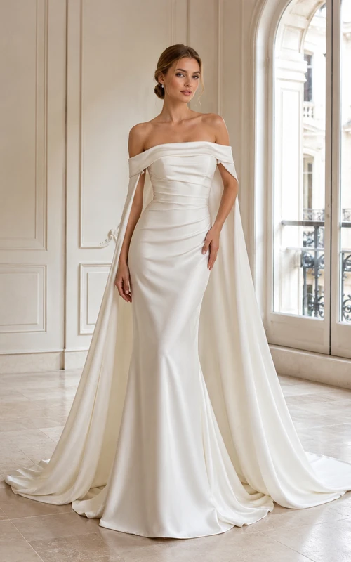 Robe de mariée fourreau en satin à épaules dénudées et manches cape drapées