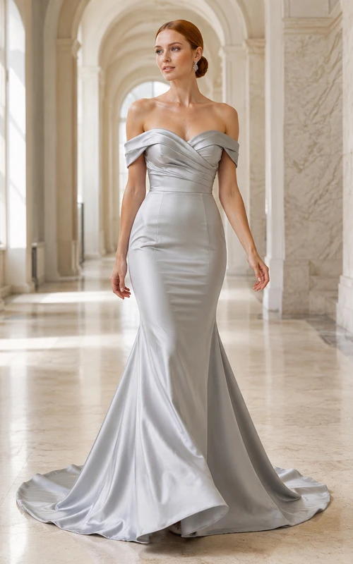 Robe de mariée sirène romantique en satin gris argenté drapé à épaules dénudées