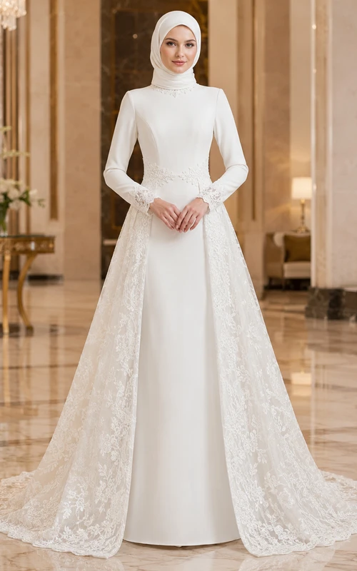 Vestido de novia sencillo musulmán de satén con cuello alto y sobrefalda de encaje desmontable