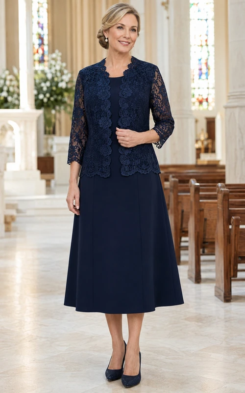 Robe de cérémonie pour la mère, veste en dentelle marine longueur genou