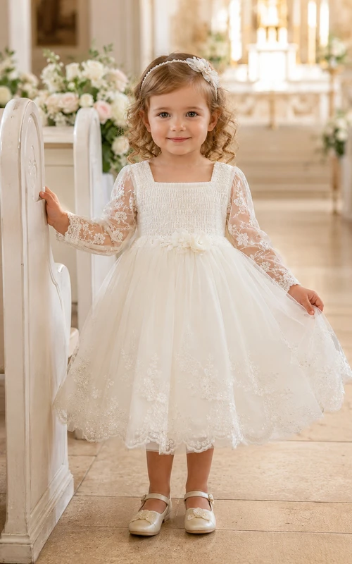 Square Neck Baptism Dress A-Line Tulle Lace Long Sleeve Modest Style