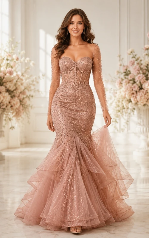 Champagne Tulle Sweetheart Sleeveless Mermaid Sweep-Train Tiered Ruffled Evening-Gown