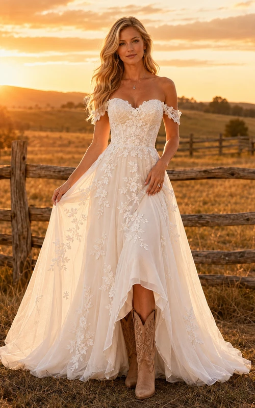 Robe de mariée de maternité à col en V et manches courtes en dentelle, style champêtre