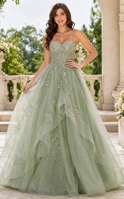 Vestido de fiesta largo hasta el suelo de encaje y tul con escote corazón y tirantes finos, estilo princesa color salvia.