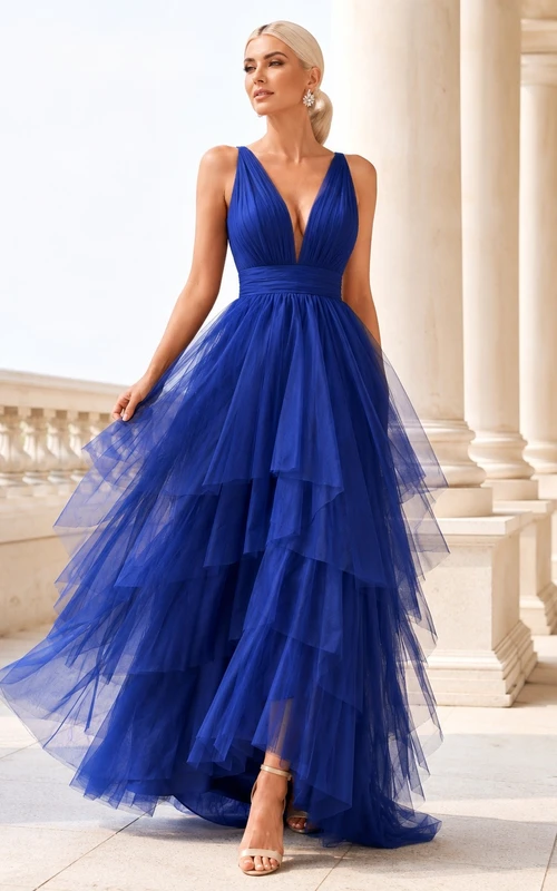 Robe de bal bleu roi sans manches à col en V et tulle superposé asymétrique
