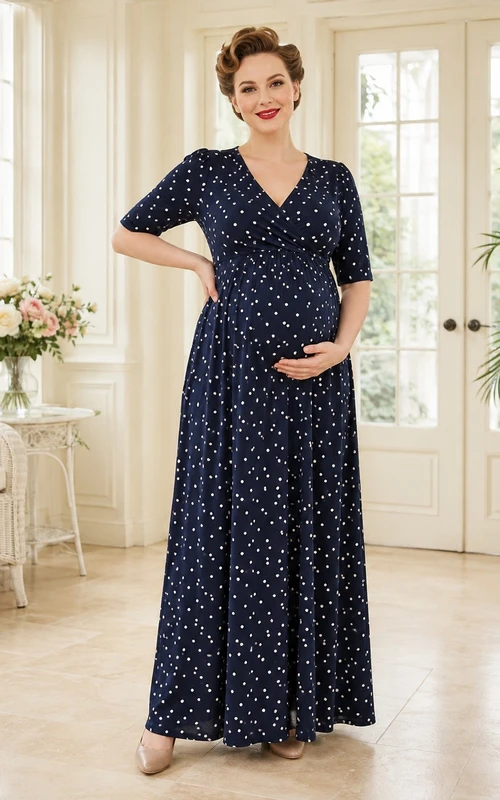 Vintage Dark Navy V-neck 3/4 Length Sleeve A-line Chiffon Dress