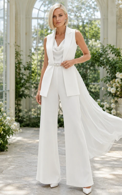 Contemporary Sleeveless Bridal Pantsuit Wide Leg Long Vest Chiffon Cape Train