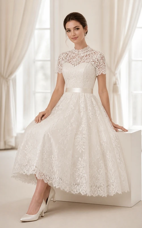 Vestido de novia vintage de satén con cuello alto y fajín, largo hasta la rodilla