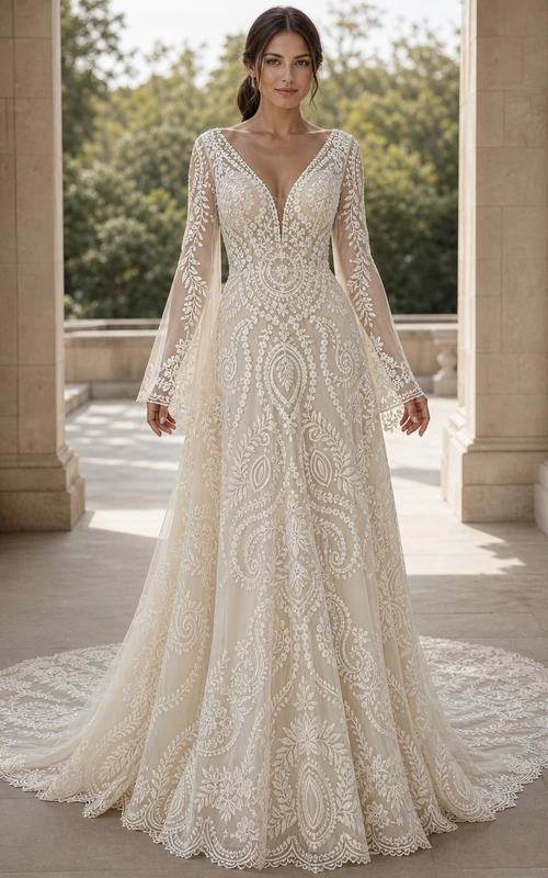 Vestido de novia bohemio de corte A con escote en V y mangas largas, estampado paisley y campana.