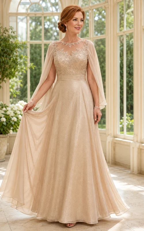 Champagne Luxury High-Neck Tulle A-Line Floor-Length Mother of the Bride Gown with Long Cape Sleeves and Beaded Bodice
