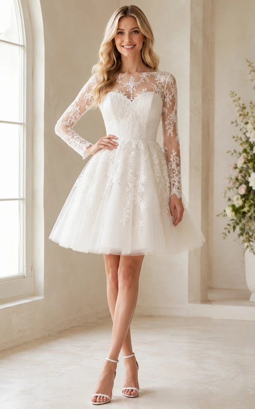 Vestido de recepción nupcial romántico corto de encaje con cuello alto y mangas largas efecto ilusión