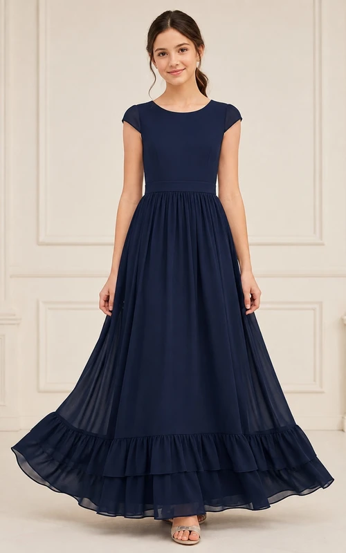Dunkelblaues Brautjungfernkleid für junge Damen, A-Linie, Rundhalsausschnitt, kurze Ärmel, Chiffon, Rüschensaum, romantisch