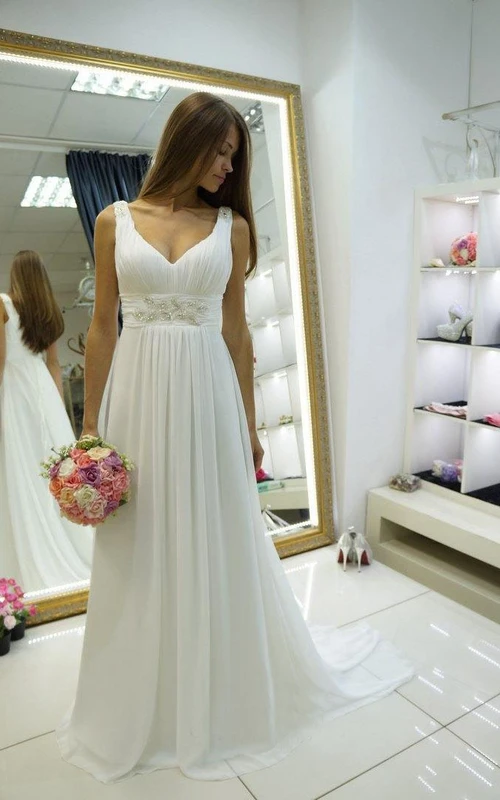 Vestido de novia de gasa con escote en V y tirantes estilo imperio para renovación de votos matrimoniales