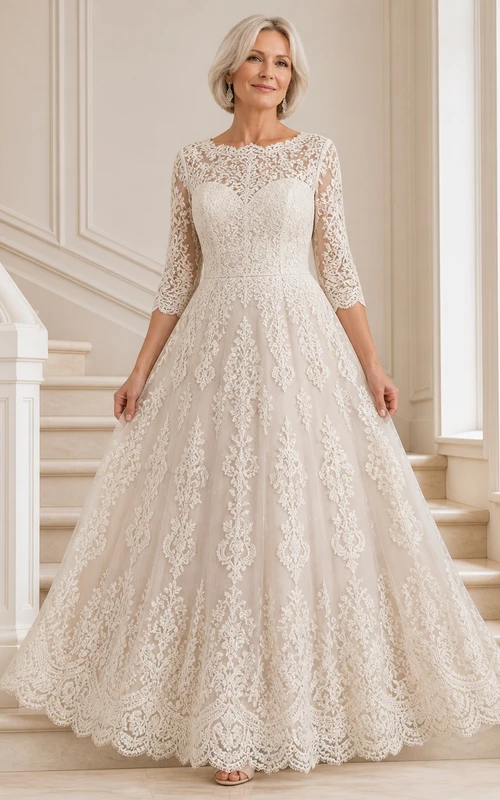 Vestido de novia de encaje con mangas tres cuartos y corte en A para novias mayores y recatadas.